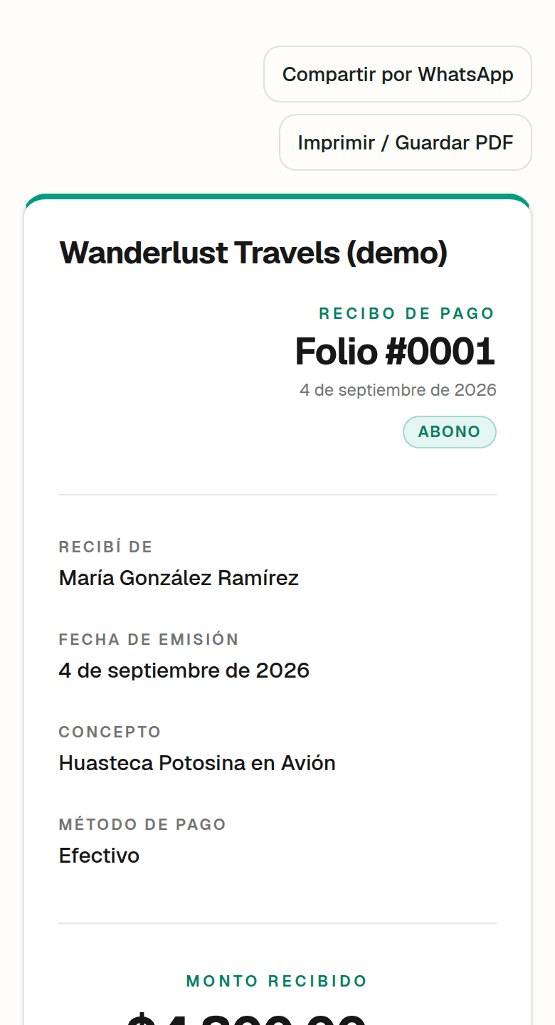 Recibo de pago #0001 en el celular: agencia, cliente, concepto, monto y saldo pendiente.