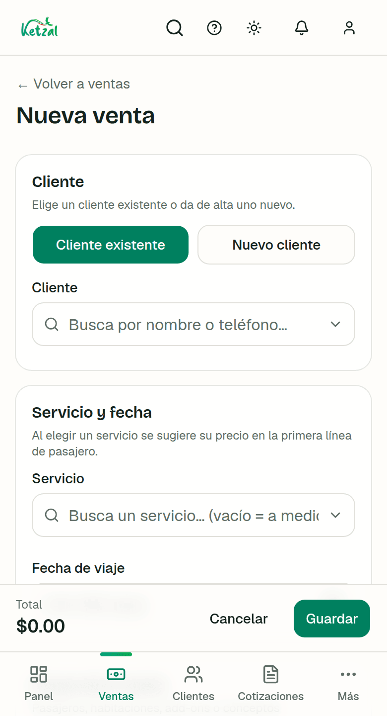 Formulario "Nueva venta" en el celular: elegir cliente existente o nuevo, servicio y fecha de viaje, con el total abajo.