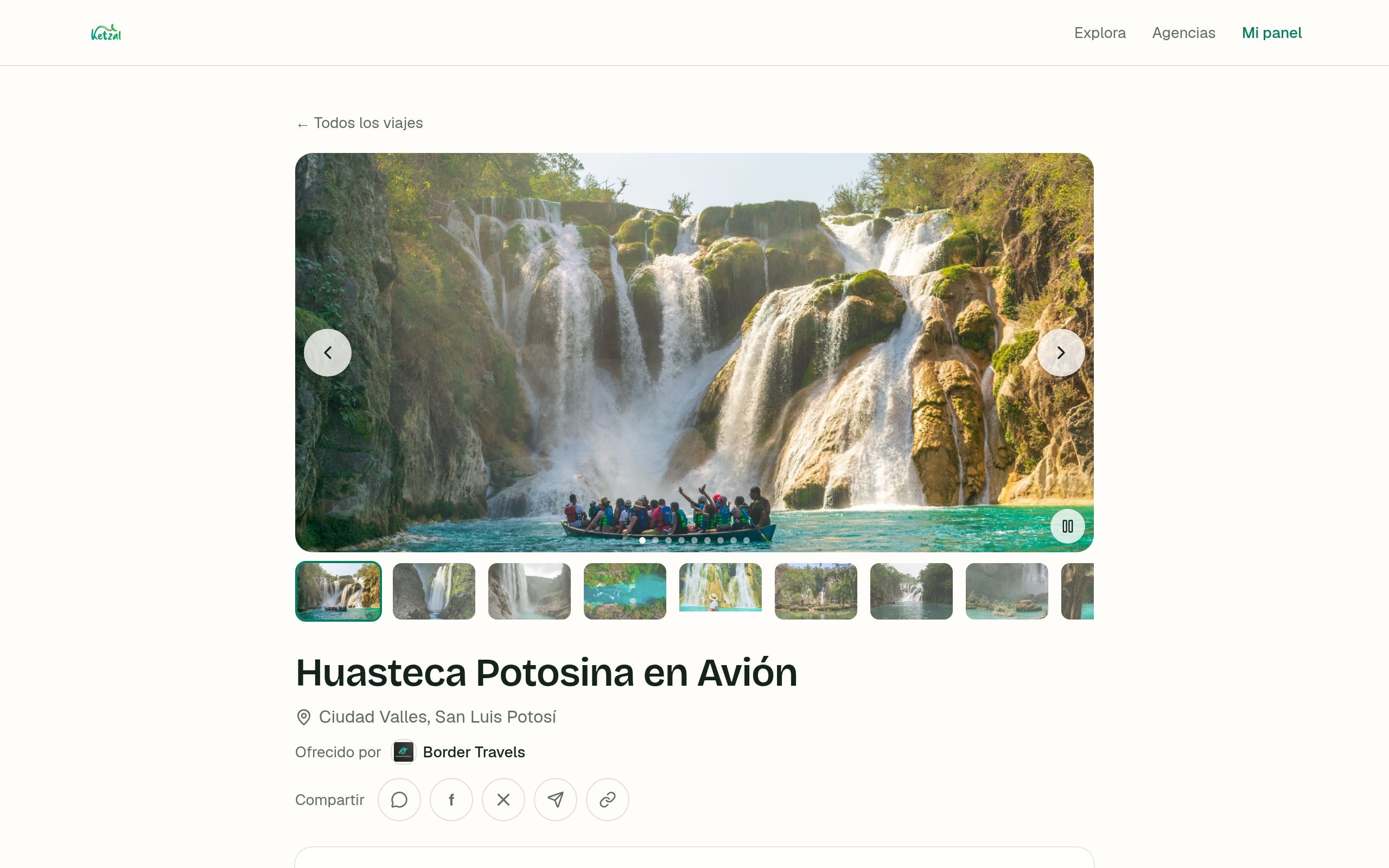 Ficha pública del viaje Huasteca Potosina en Avión de Border Travels: fotos, precio, salidas y botón para reservar.